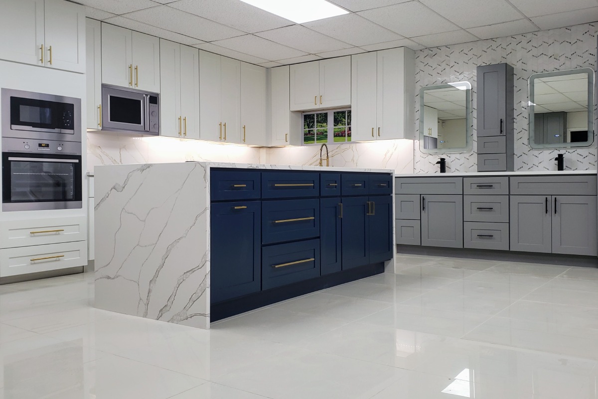 Kitchen with marble Countertop and floor