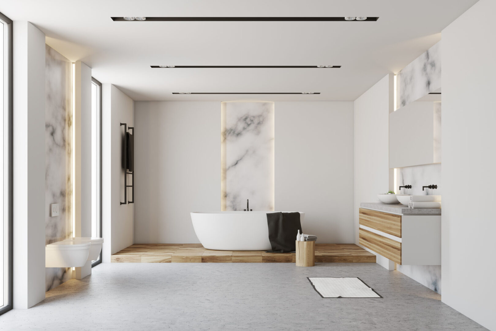 White,And,Marble,Bathroom,Interior,With,A,White,Tub,Standing